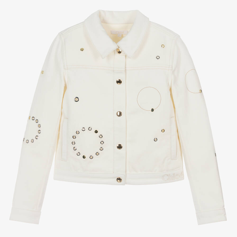 Chloé - Teen Girls Ivory Eyelet Denim Jacket | Childrensalon