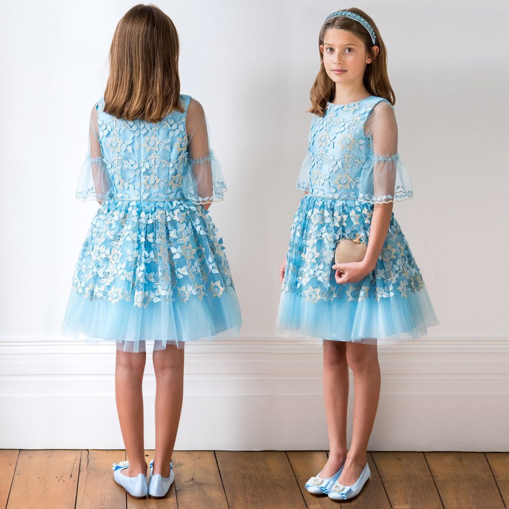David Charles - Blue & Gold Embroidered Dress | Childrensalon Outlet