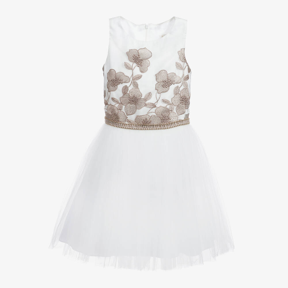 David Charles - White Tulle Dress with Embroidered Bronze Flowers | Childrensalon