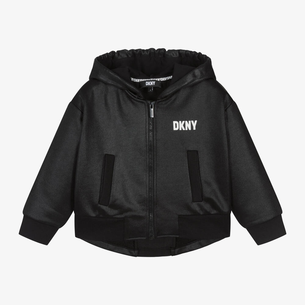 DKNY - Girls Glossy Black Cotton Zip-Up Hoodie | Childrensalon