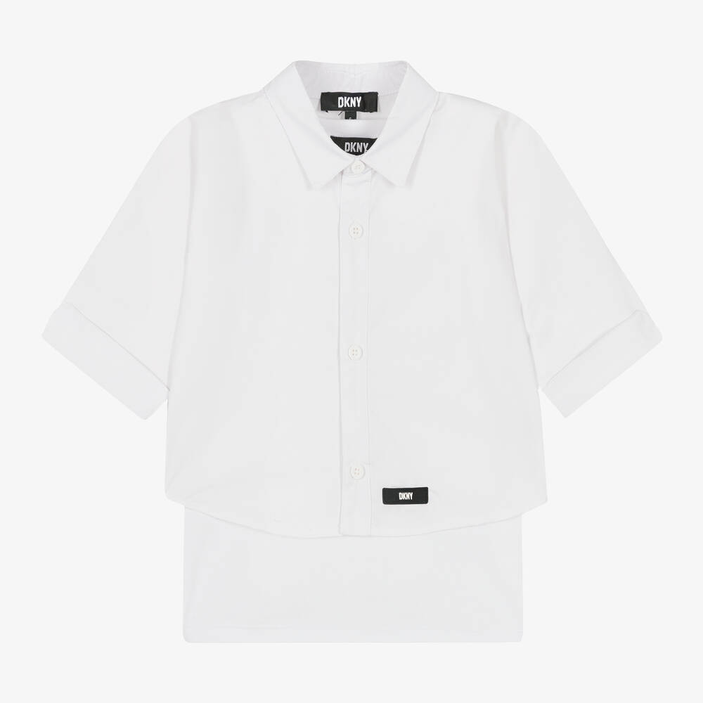 DKNY - Girls White 2-in-1 Cotton Shirt | Childrensalon