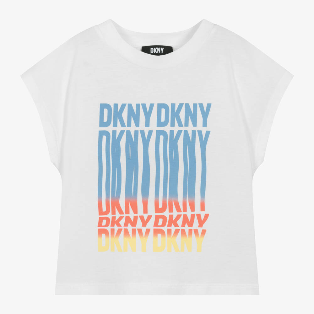 DKNY - Girls White Cotton T-Shirt | Childrensalon