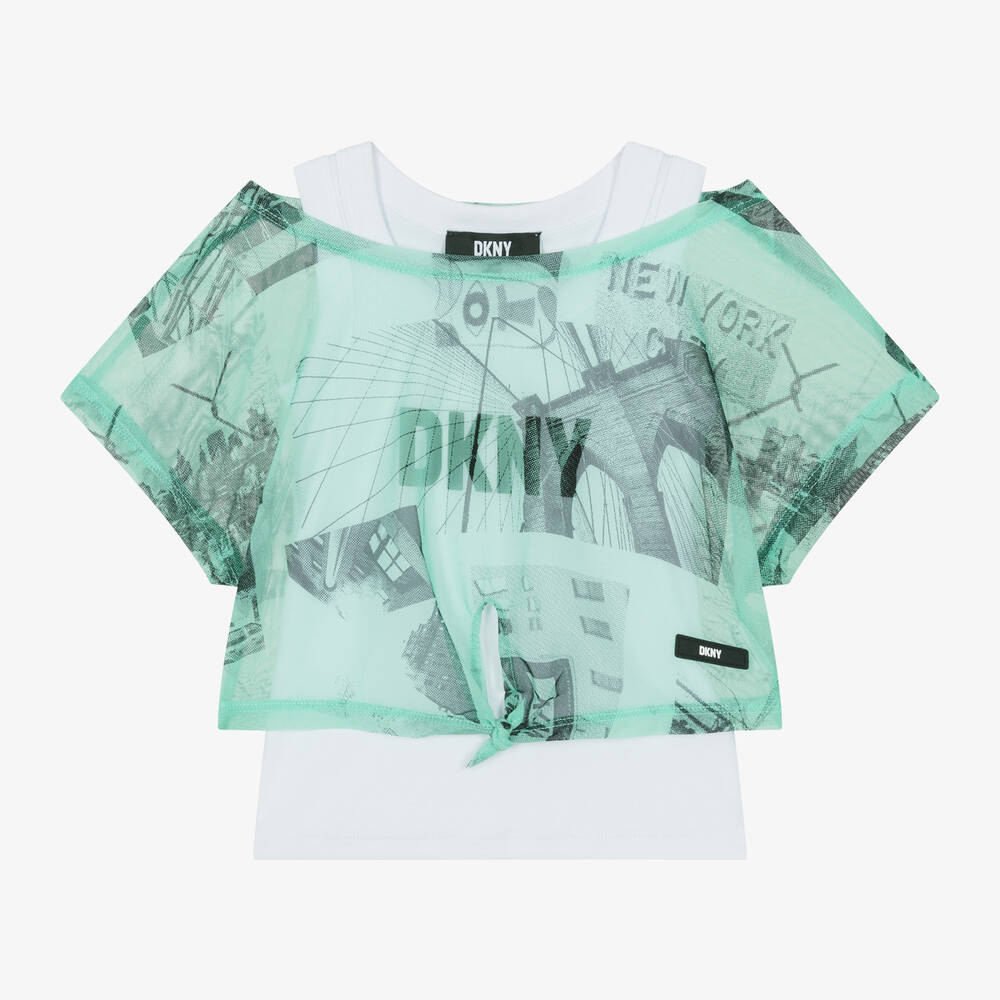 DKNY - Girls White & Green 2-in-1 Top | Childrensalon