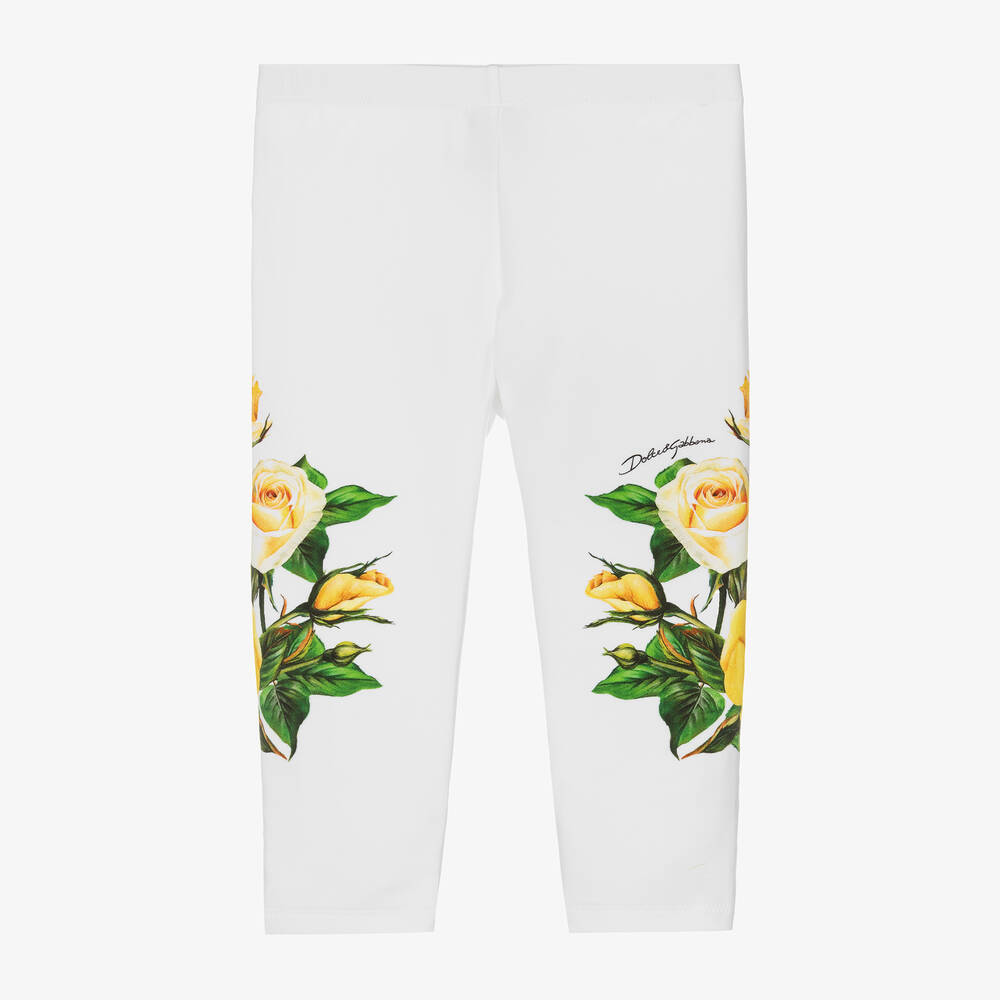 Dolce & Gabbana - Baby Girls White Cotton Rose Print Leggings | Childrensalon