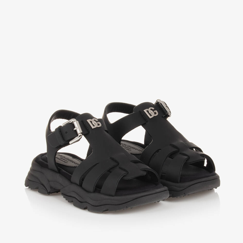 Dolce & Gabbana - Girls Black Leather Crossover DG Sandals | Childrensalon