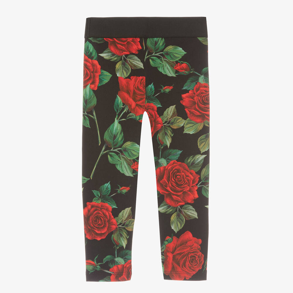 Dolce & Gabbana Girls Black & Red Cotton Rose Leggings