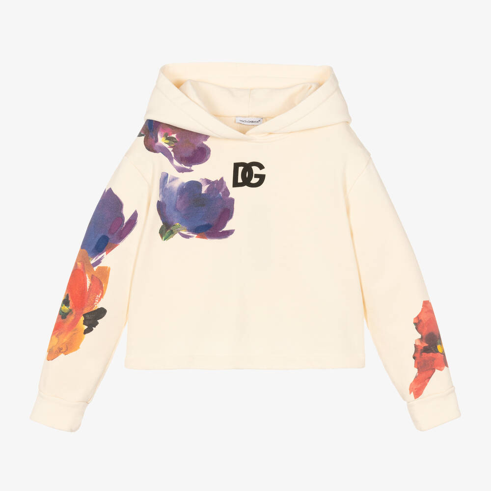 Dolce & Gabbana - Girls Ivory Floral Cotton Hoodie | Childrensalon