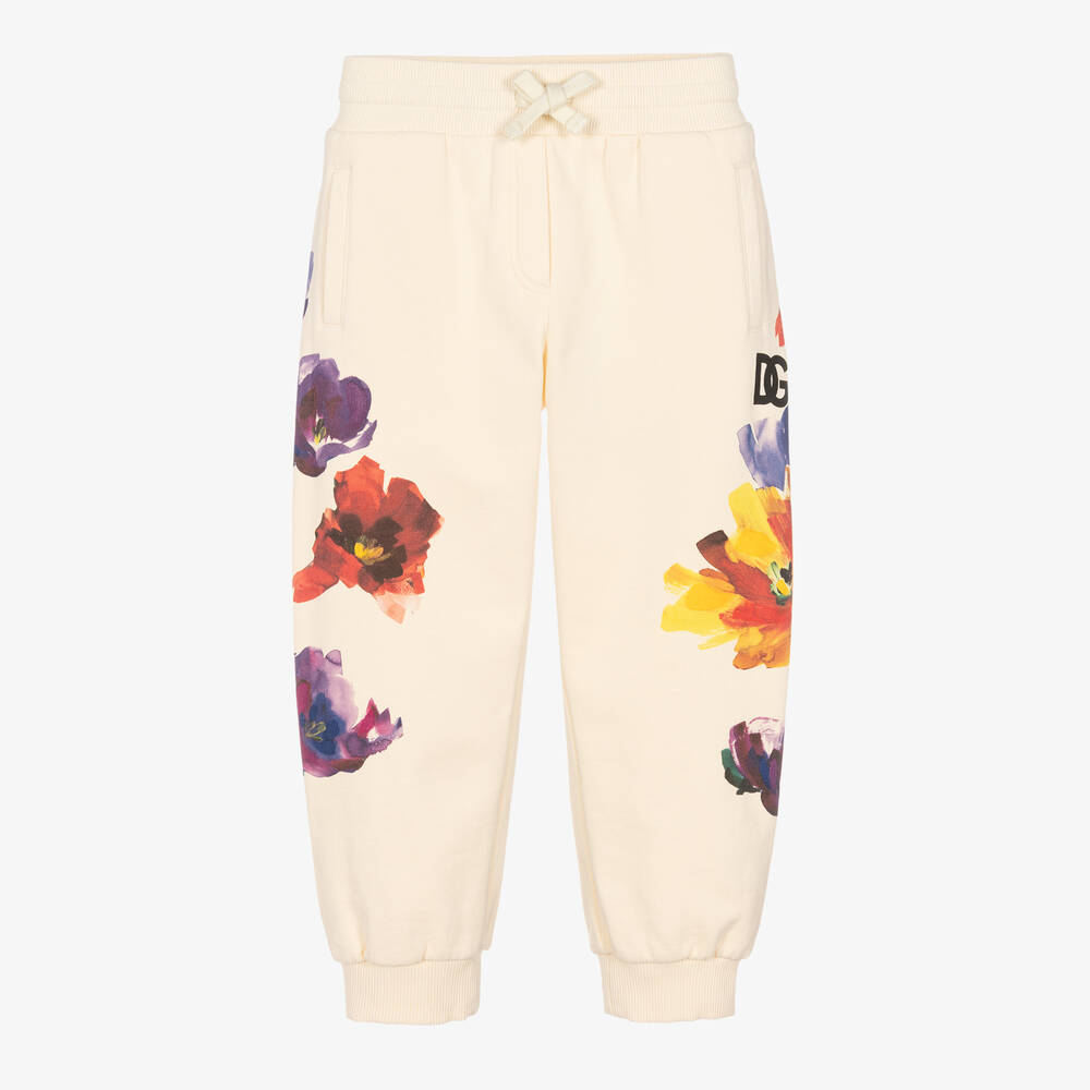 Dolce & Gabbana - Girls Ivory Floral Cotton Joggers | Childrensalon