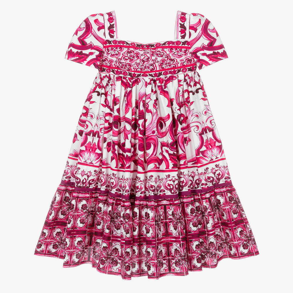Dolce & Gabbana - Girls Pink & White Cotton Majolica Dress