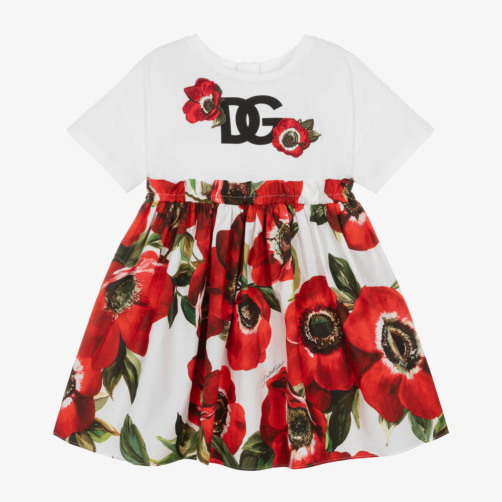 Dolce & Gabbana - Girls Red Poppy Print Cotton Dress | Childrensalon