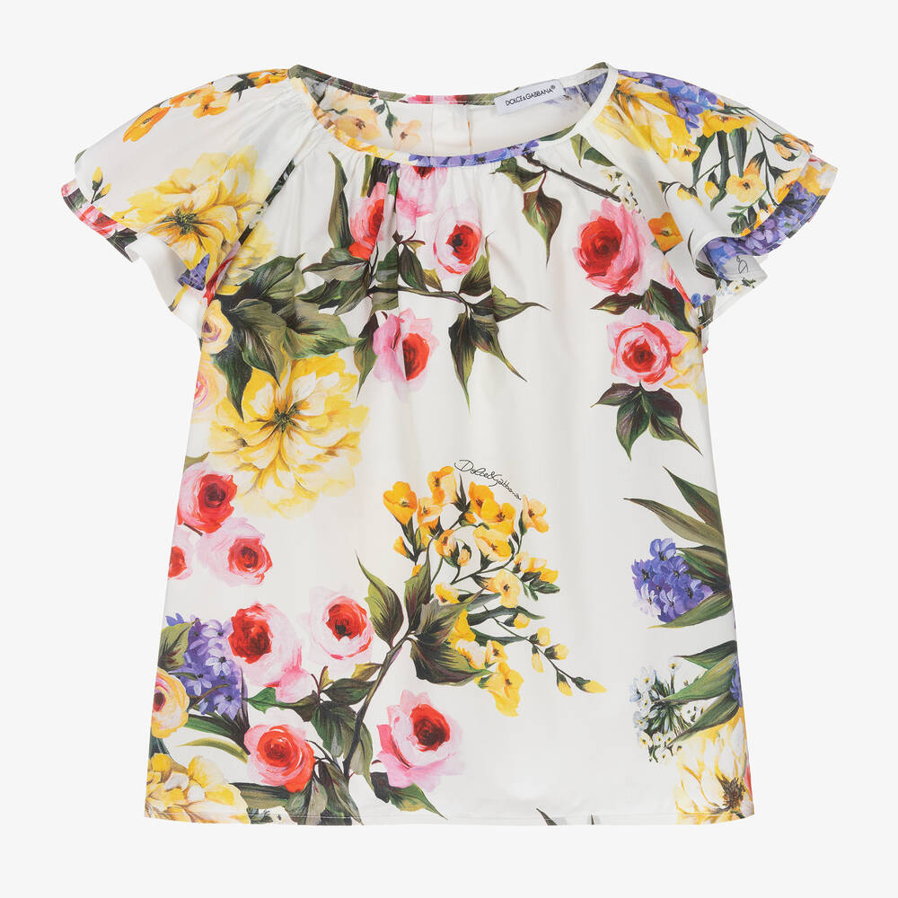 Dolce & Gabbana - Girls White Floral Cotton Blouse | Childrensalon