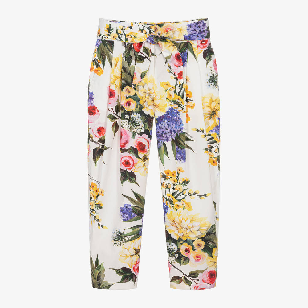 Dolce & Gabbana - Girls White Floral Print Cotton Trousers | Childrensalon