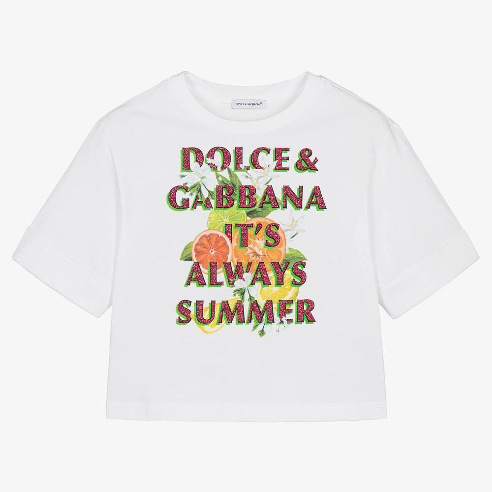 Dolce & Gabbana - Girls White Italian Holiday Cotton T-Shirt | Childrensalon