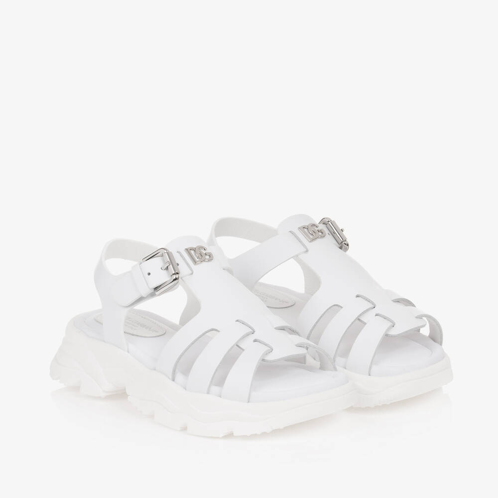 Dolce & Gabbana - Girls White Leather Crossover DG Sandals | Childrensalon