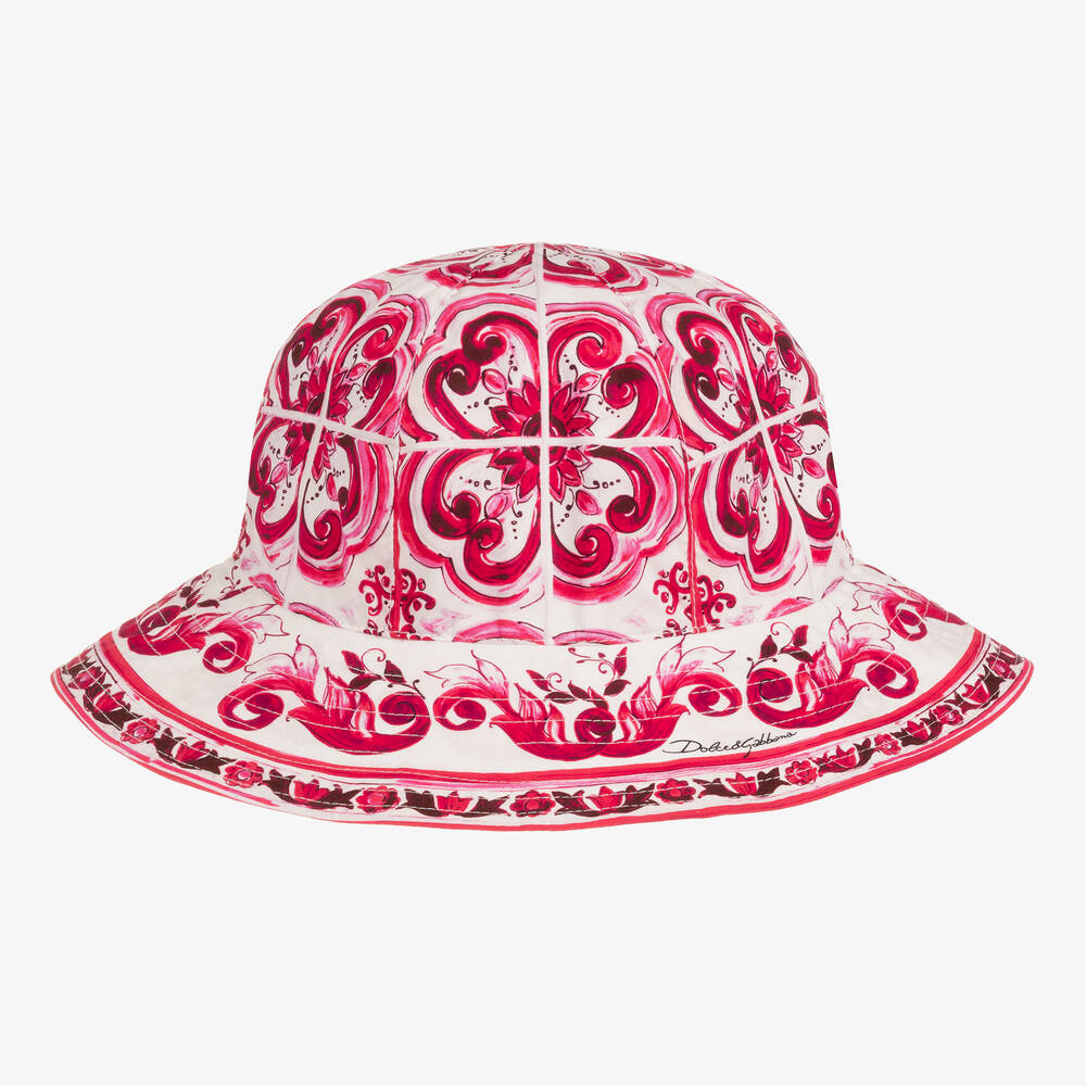 Dolce & Gabbana - Girls White & Pink Cotton Majolica Sun Hat | Childrensalon
