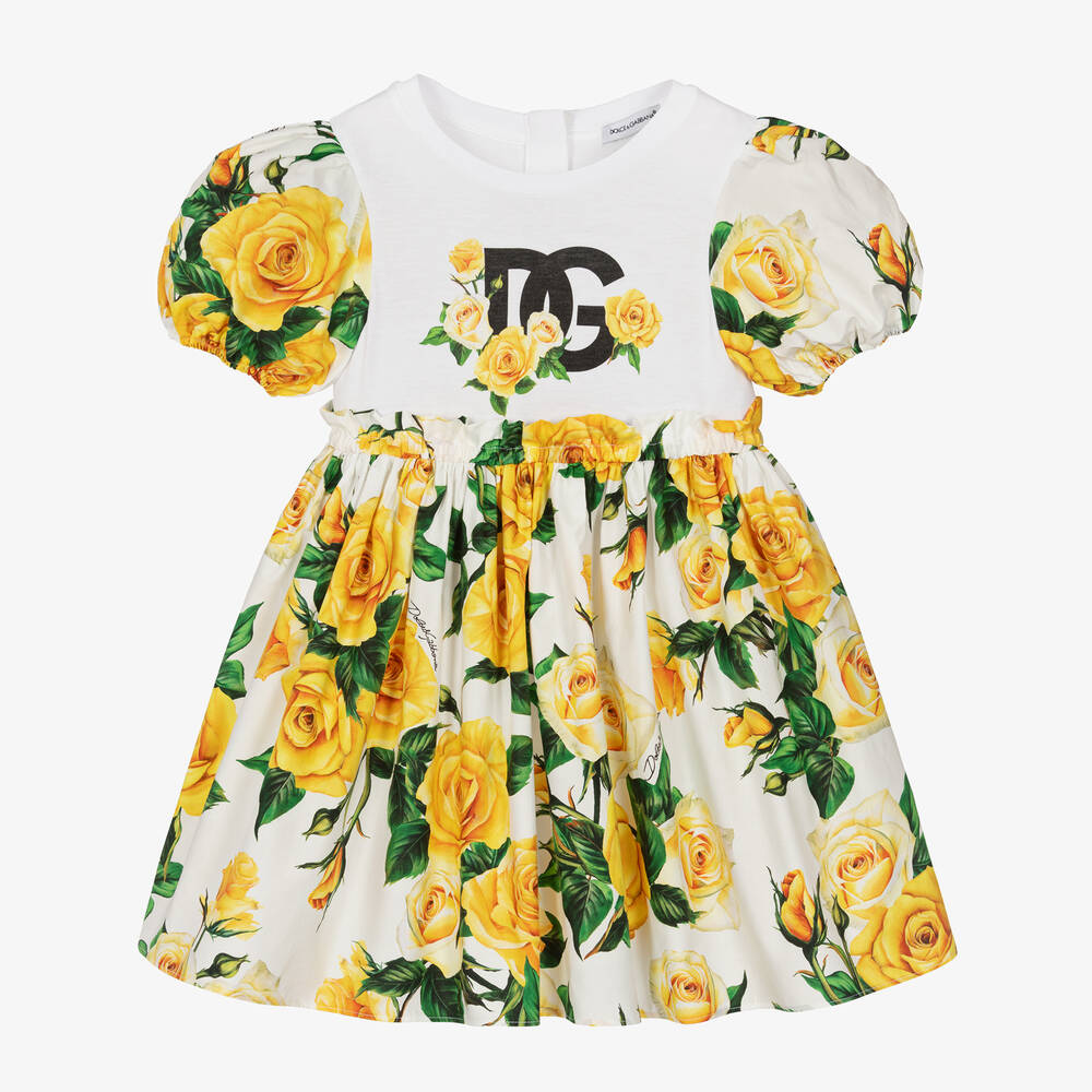 Dolce & Gabbana - Girls Yellow Rose Print Cotton Dress | Childrensalon