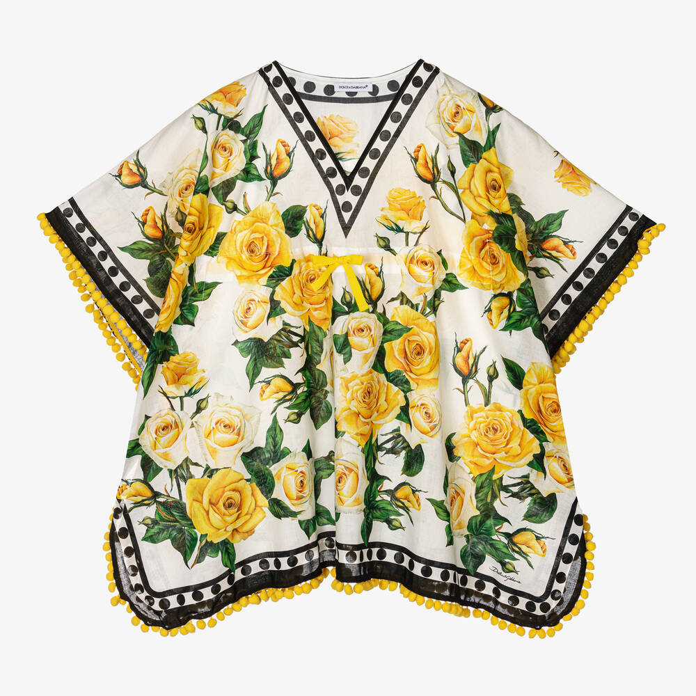 Dolce & Gabbana - Girls Yellow Rose Print Kaftan | Childrensalon