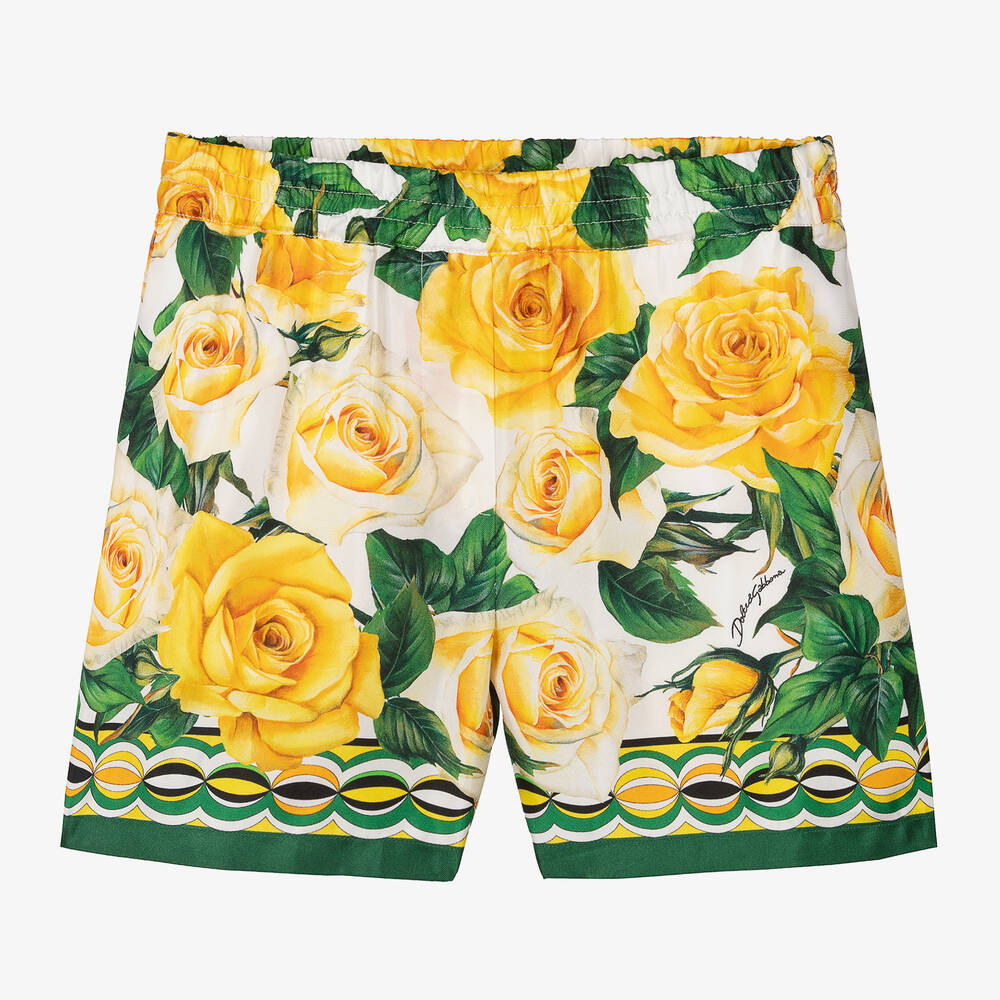 Dolce & Gabbana - Girls Yellow Rose Print Silk Shorts | Childrensalon