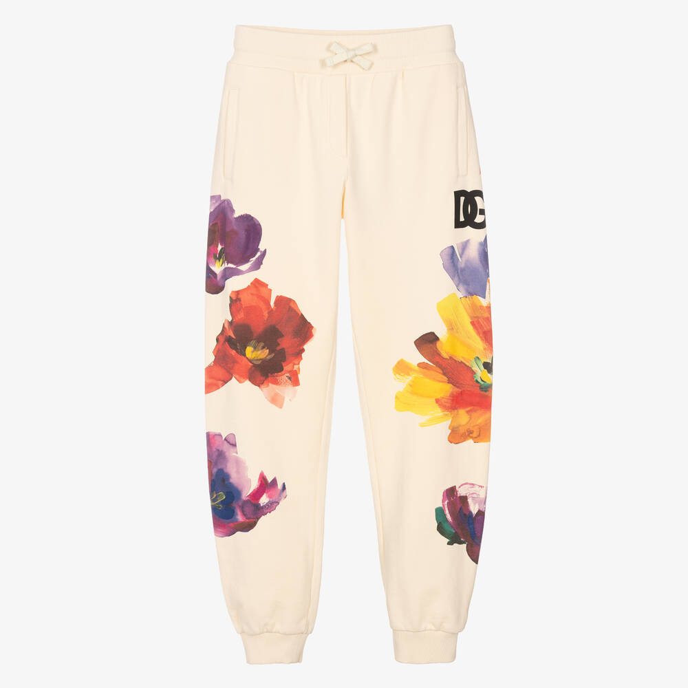 Dolce & Gabbana - Teen Girls Ivory Floral Cotton Joggers | Childrensalon