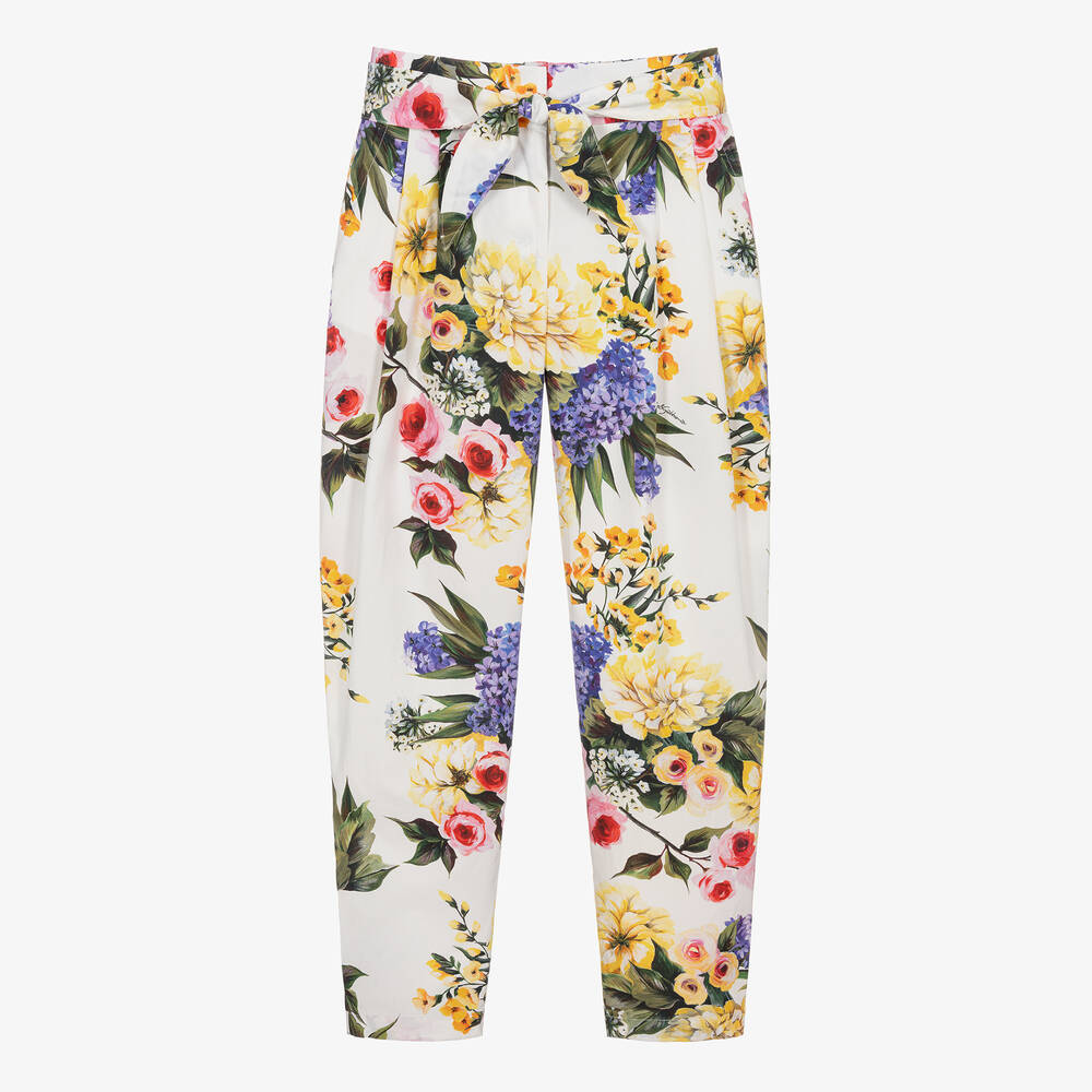 Dolce & Gabbana - Teen Girls White Floral Print Cotton Trousers | Childrensalon