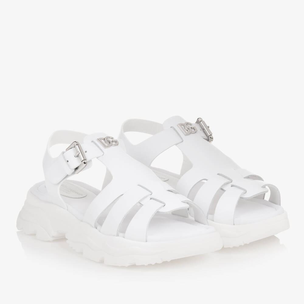 Dolce & Gabbana - Teen Girls White Leather DG Sandals | Childrensalon