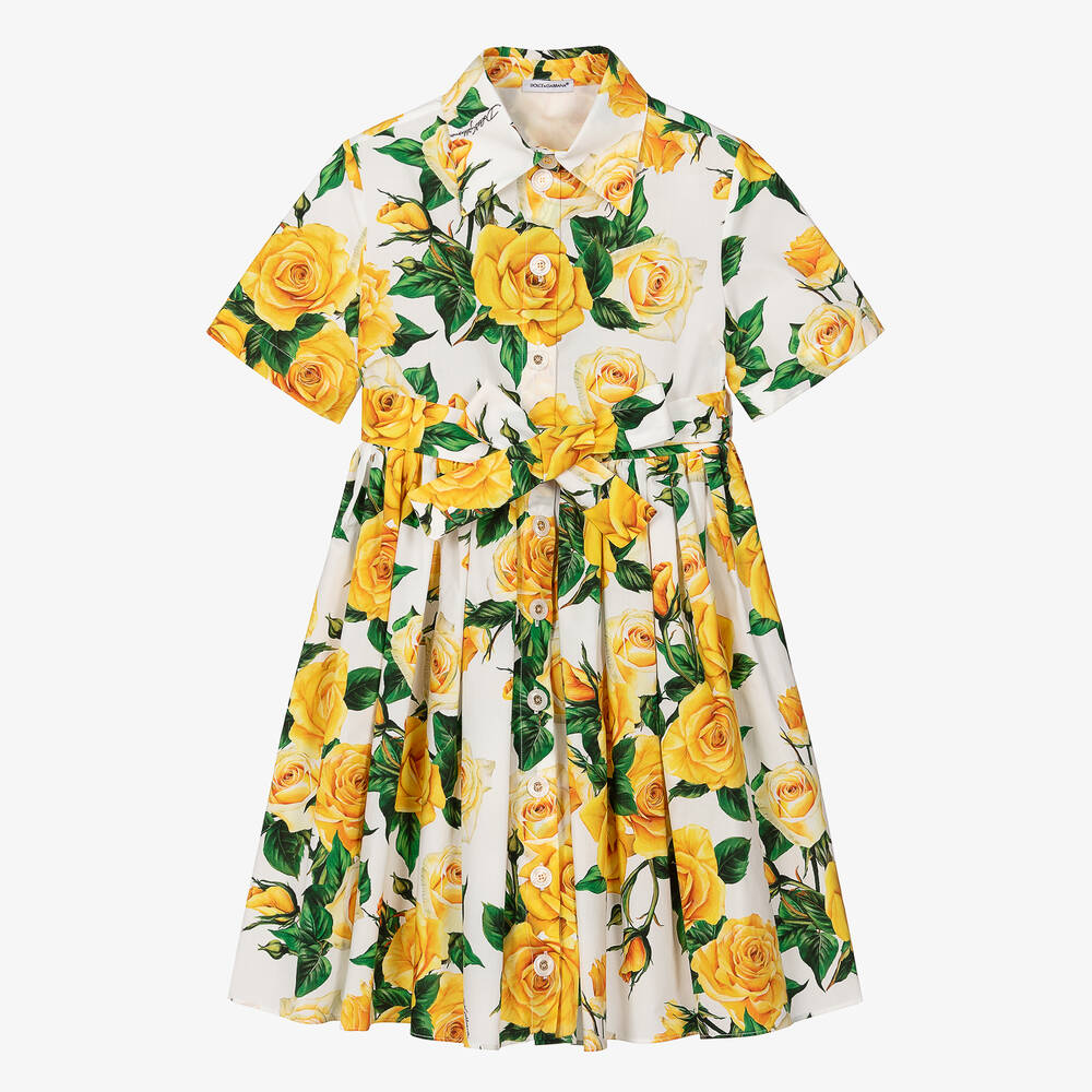 Dolce & Gabbana - Teen Girls Yellow Rose Print Shirt Dress | Childrensalon