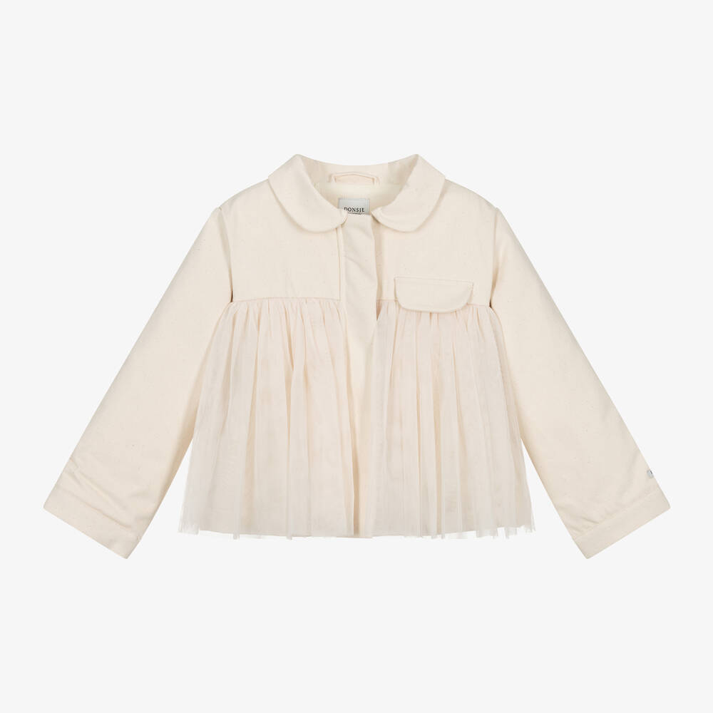 Donsje - Girls Ivory Cotton Twill & Tulle Jacket | Childrensalon