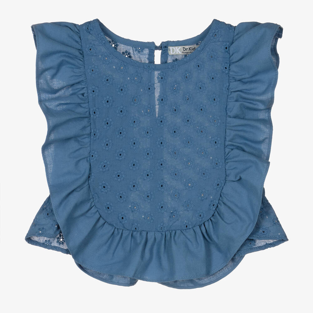 Dr. Kid - Girls Blue Cotton Broderie Anglaise Blouse | Childrensalon