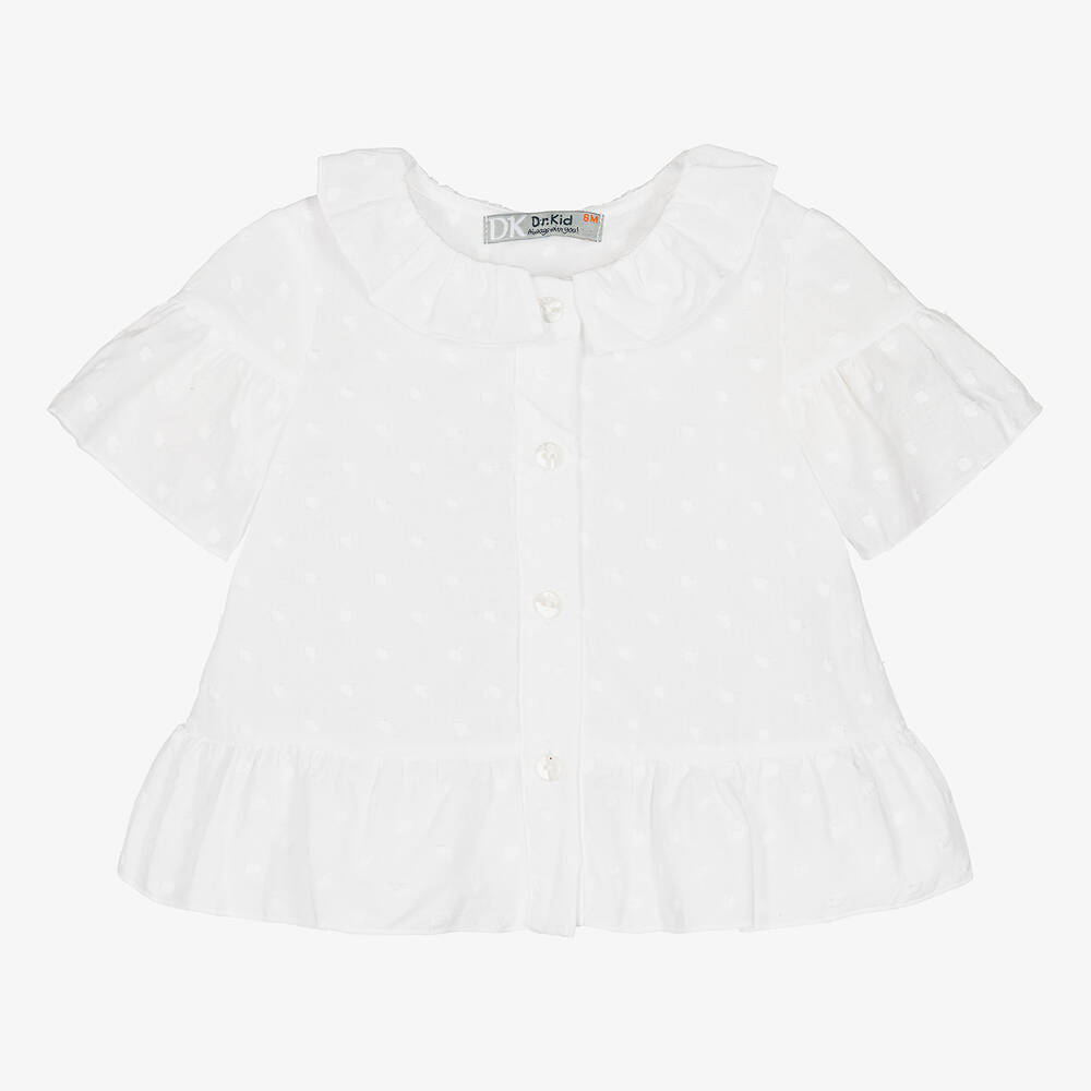 Dr. Kid - Girls White Cotton Polka Dot Blouse | Childrensalon