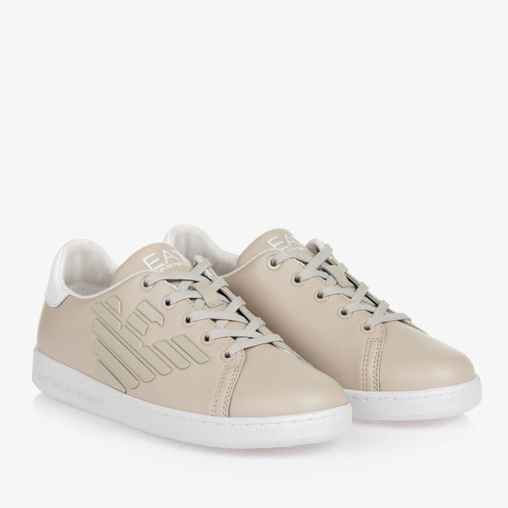 EA7 Emporio Armani - Teen Beige Leather Lace-Up Trainers | Childrensalon