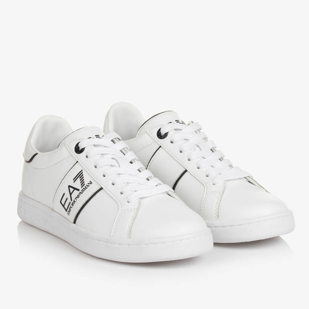 EA7 Emporio Armani -  Teen White Leather Lace-Up Trainers | Childrensalon