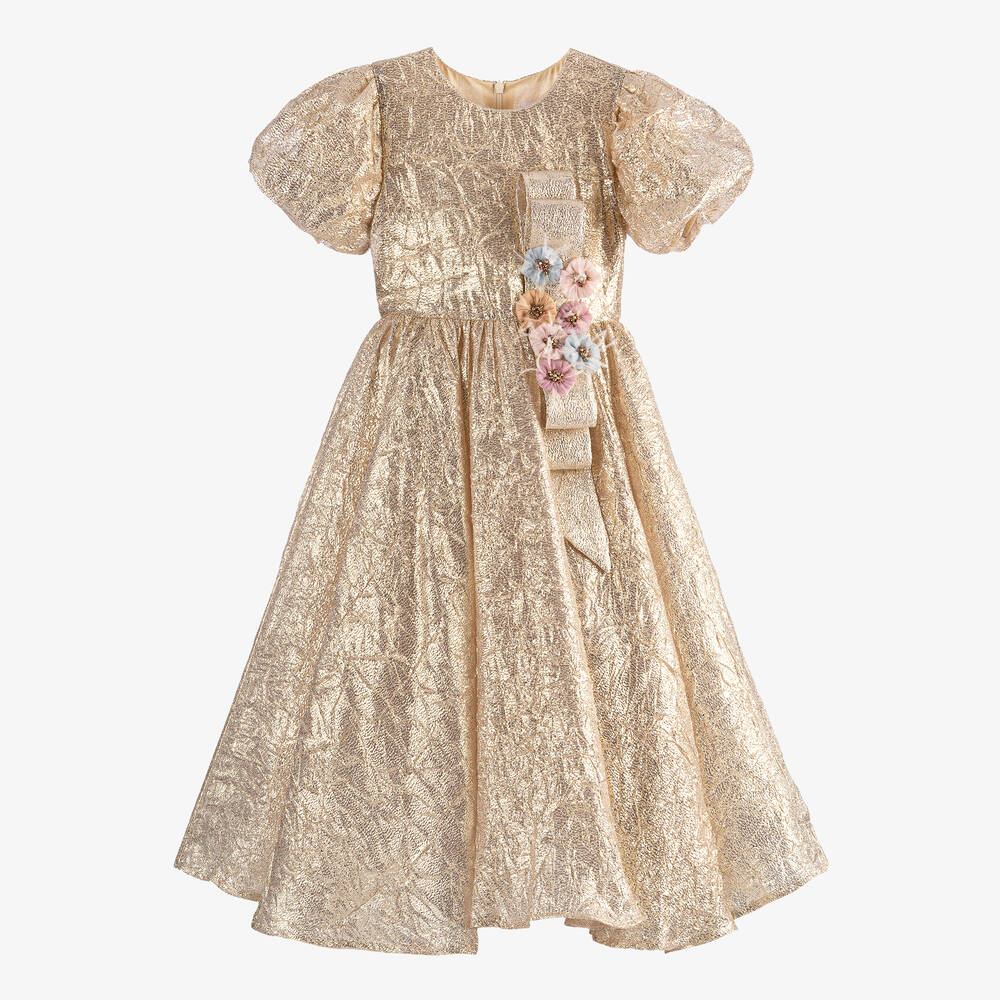 EIRENE - Girls Metallic Gold Bow Dress | Childrensalon