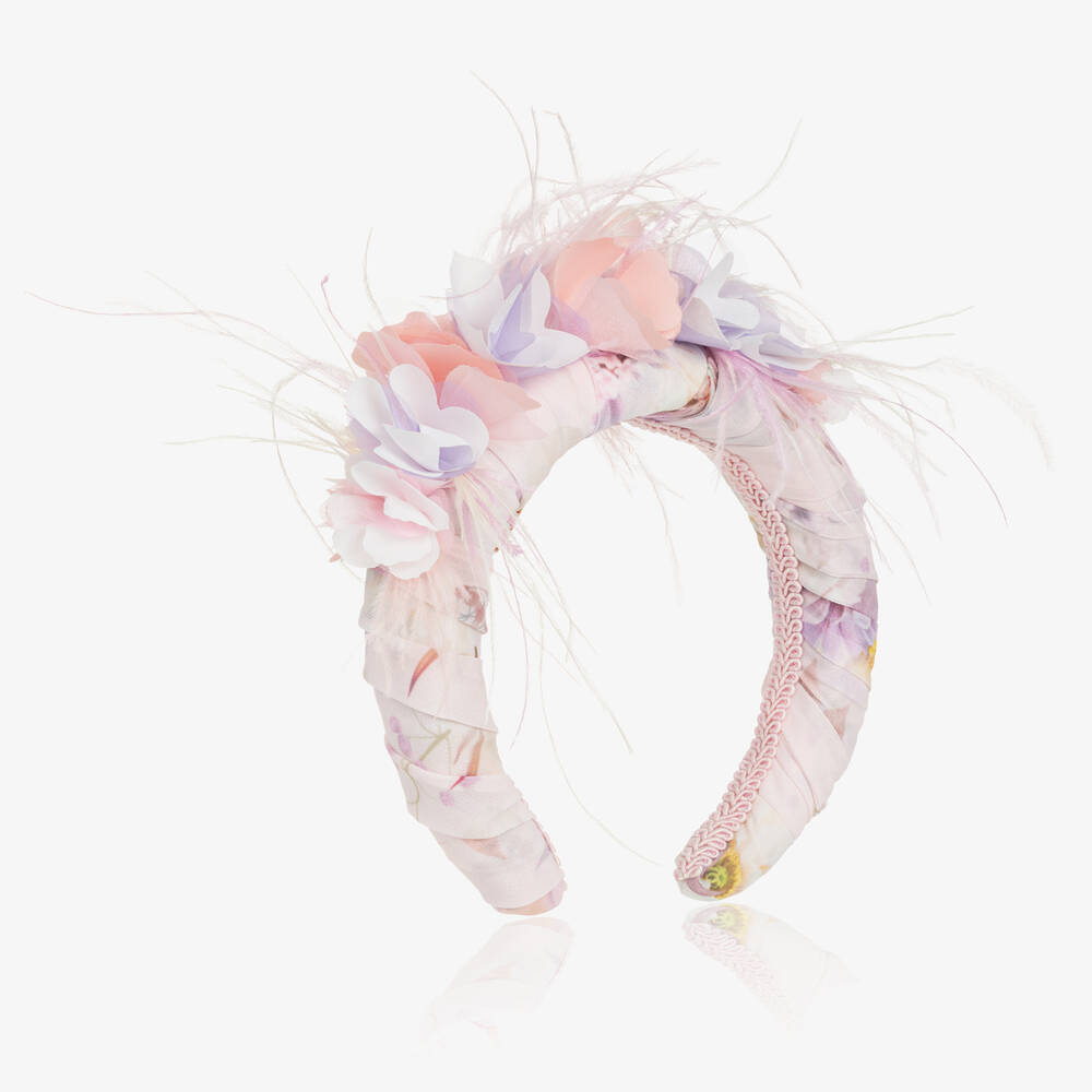 EIRENE - Girls Pink Floral & Feather Hairband | Childrensalon