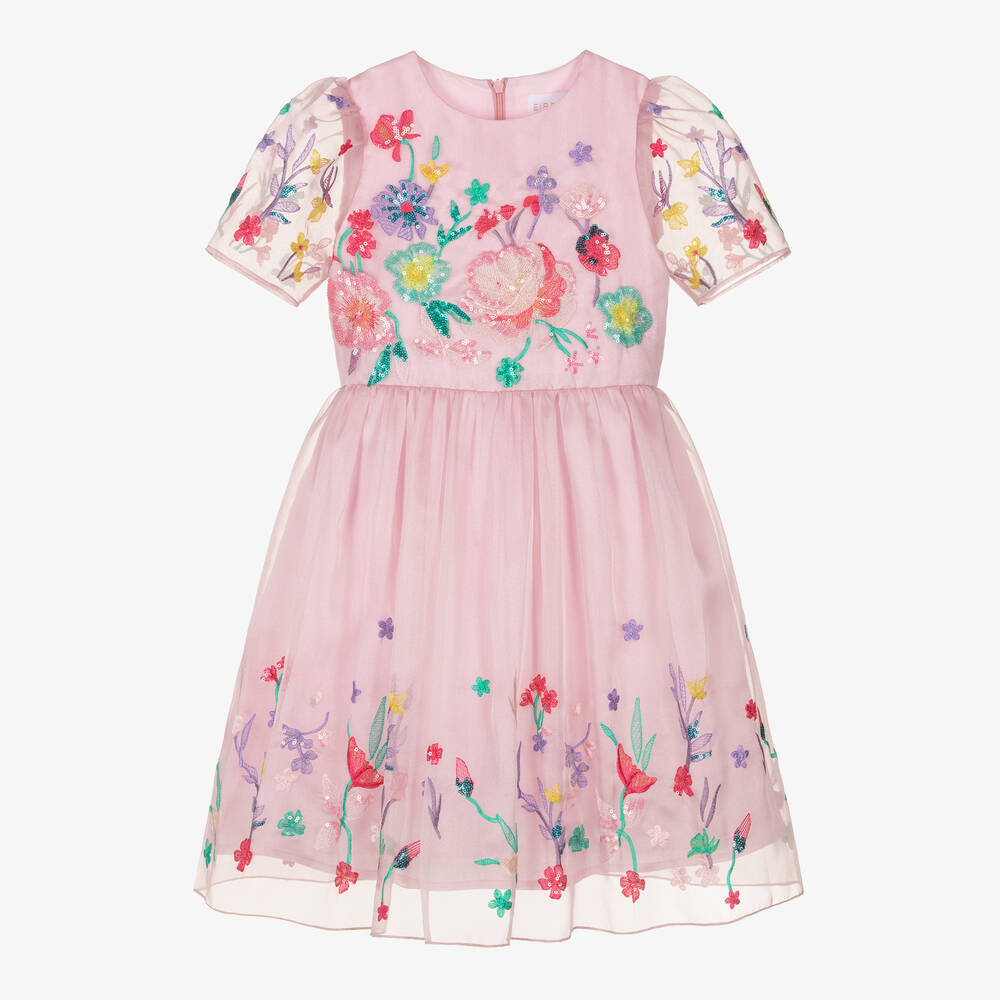 EIRENE - Girls Pink Floral Organza Dress | Childrensalon