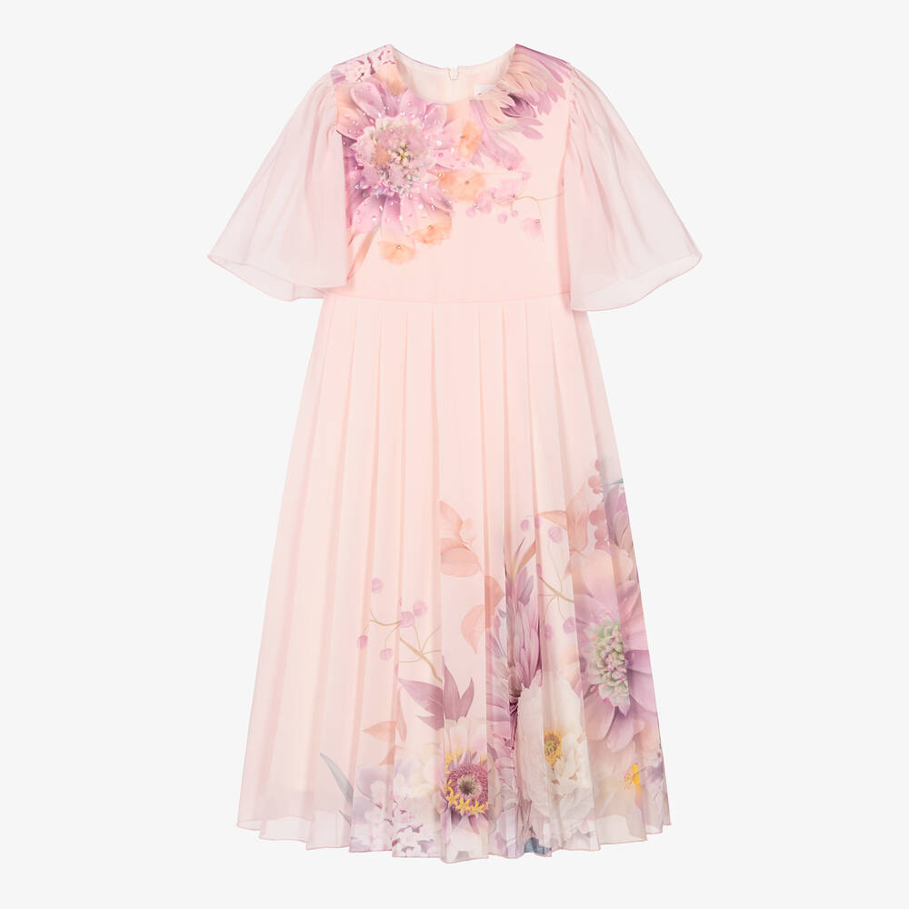 EIRENE - Girls Pink Floral Pleated Chiffon Dress | Childrensalon