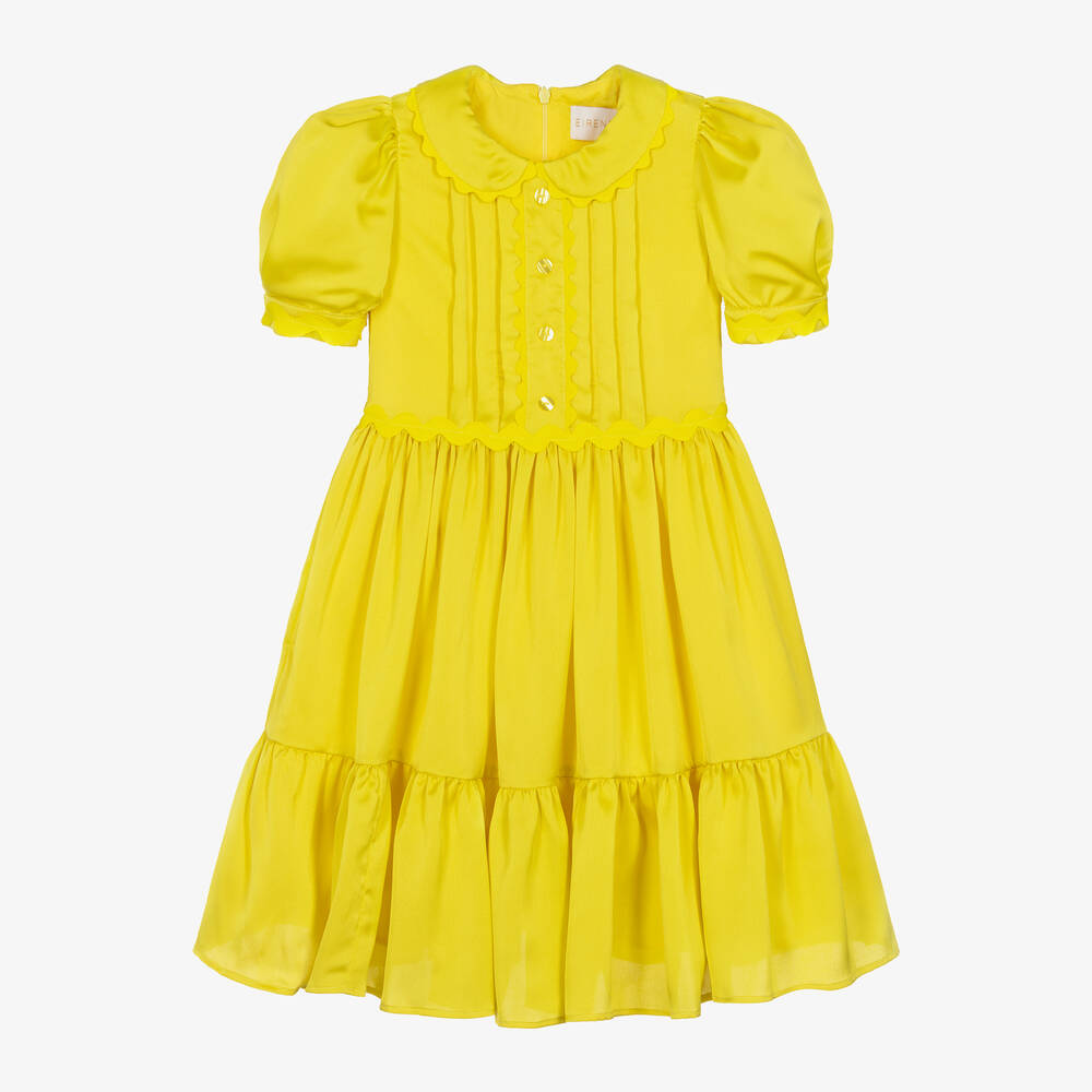 EIRENE - Girls Yellow Tiered Satin Dress | Childrensalon