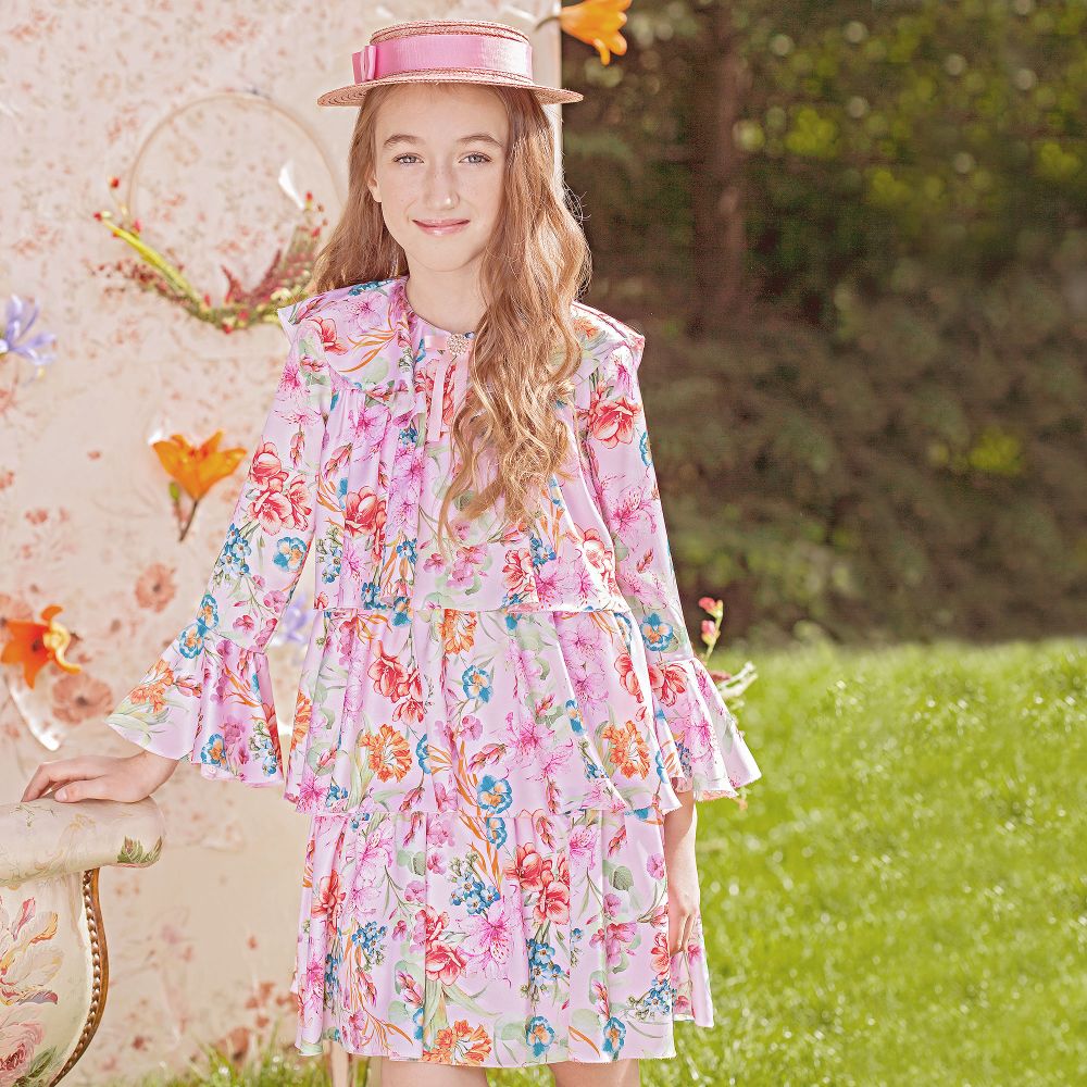EIRENE - Pink Floral Satin Dress | Childrensalon Outlet