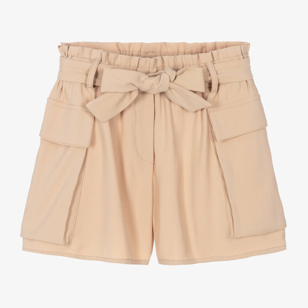 Elsy - Girls Beige Belted Viscose Shorts | Childrensalon