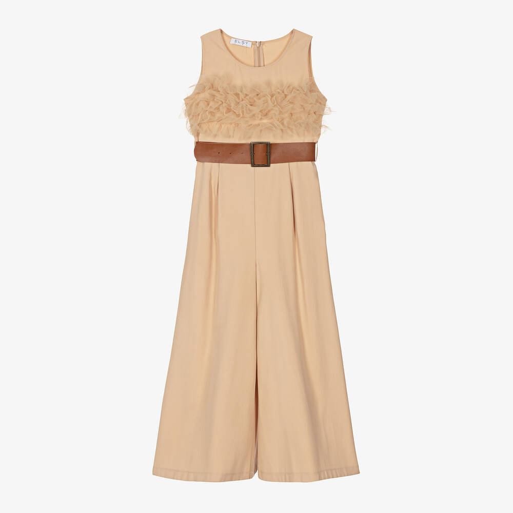 Elsy - Girls Beige Viscose Wide-Leg Jumpsuit | Childrensalon