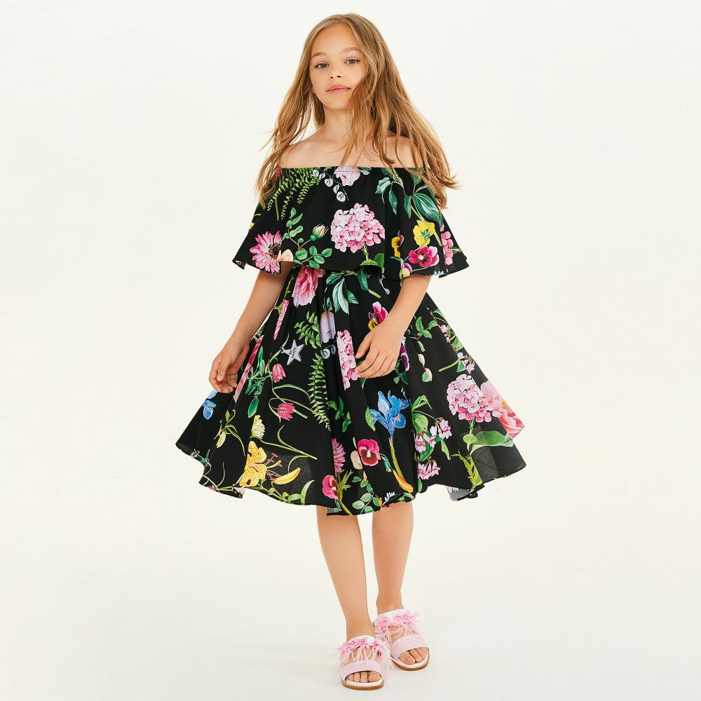 Elsy - Girls Black Floral Crêpe Dress | Childrensalon Outlet