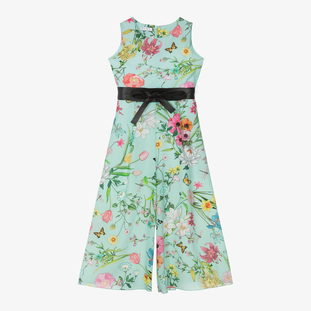 Elsy - Girls Blue Floral Crêpe Jumpsuit | Childrensalon