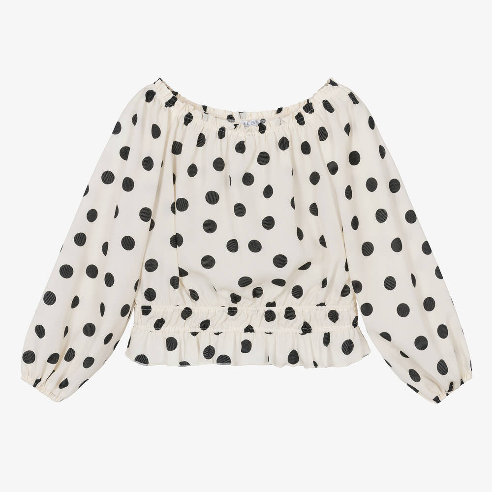 Elsy - Girls Ivory & Black Dot Chiffon Blouse  | Childrensalon