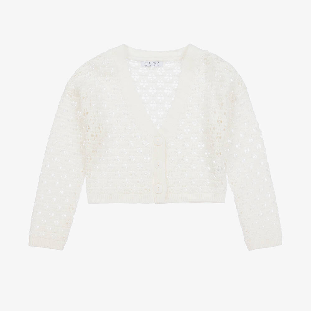 Elsy - Girls Ivory Lace Knit Cotton Cardigan | Childrensalon