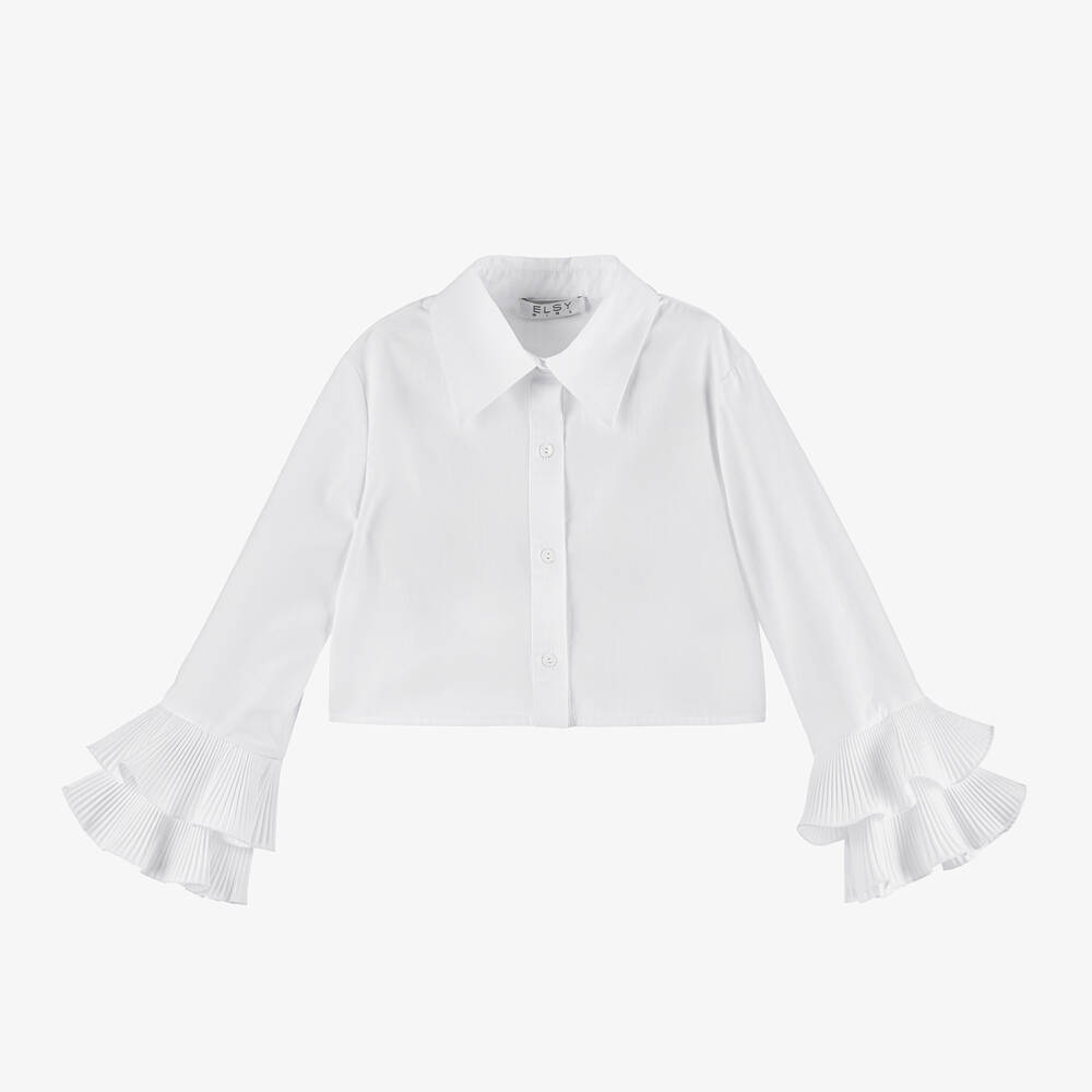 Elsy - Girls White Cotton Frilled Sleeve Blouse | Childrensalon