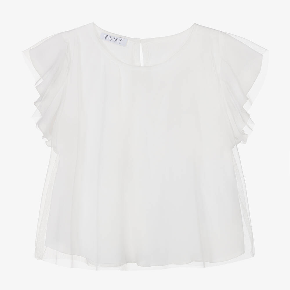 Elsy - Girls White Tulle Blouse  | Childrensalon