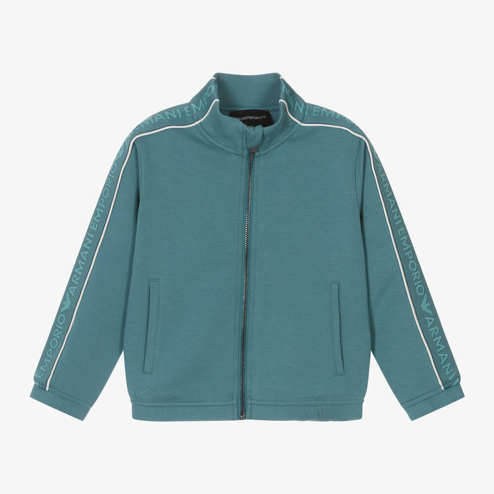 Emporio Armani - Boys Green Cotton Zip-Up Top | Childrensalon