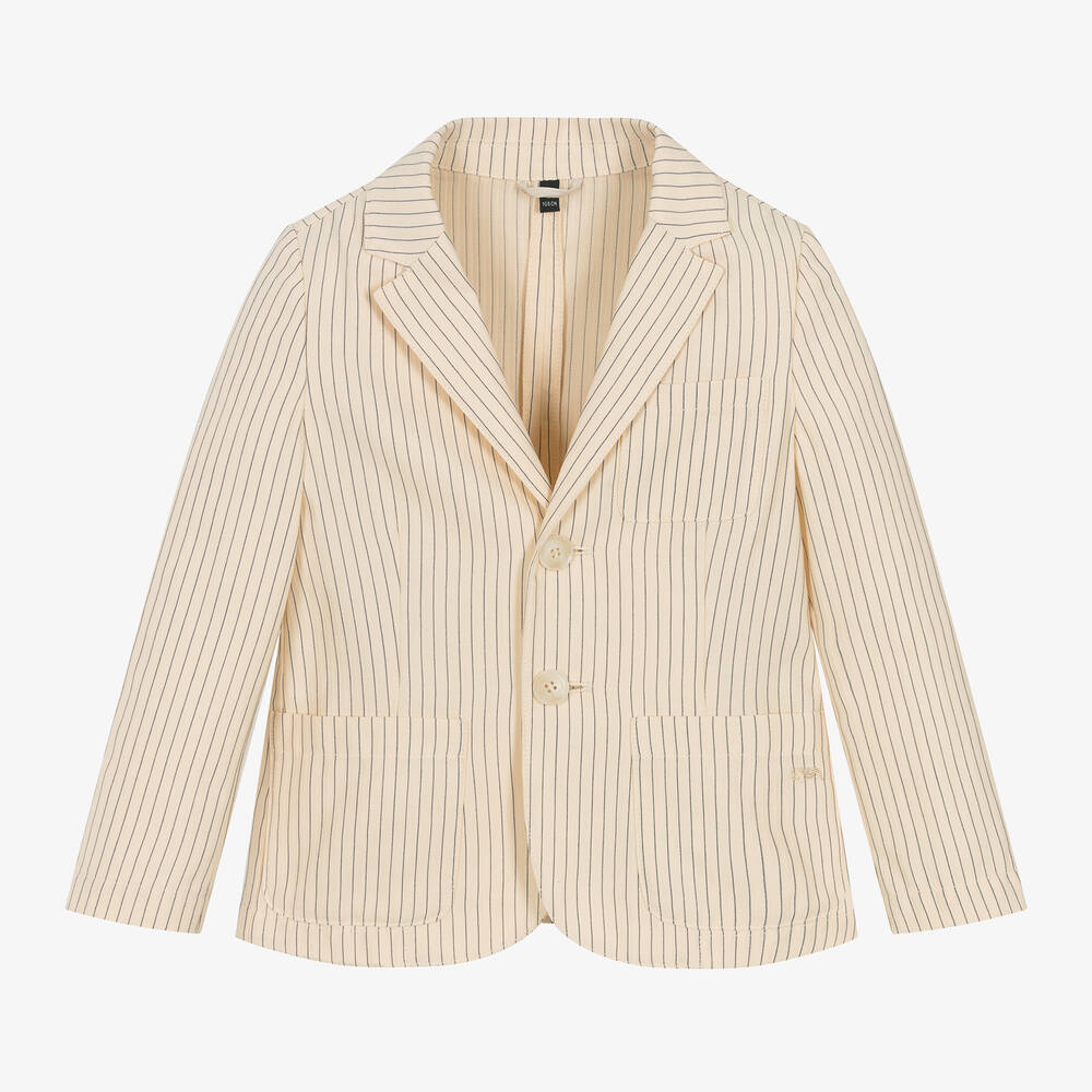 Emporio Armani - Boys Ivory Striped Cotton & Linen Blazer | Childrensalon