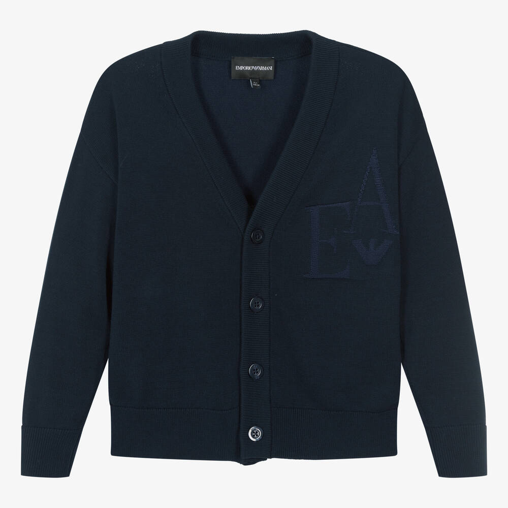 Emporio Armani - Boys Navy Blue Cotton Knit Cardigan  | Childrensalon