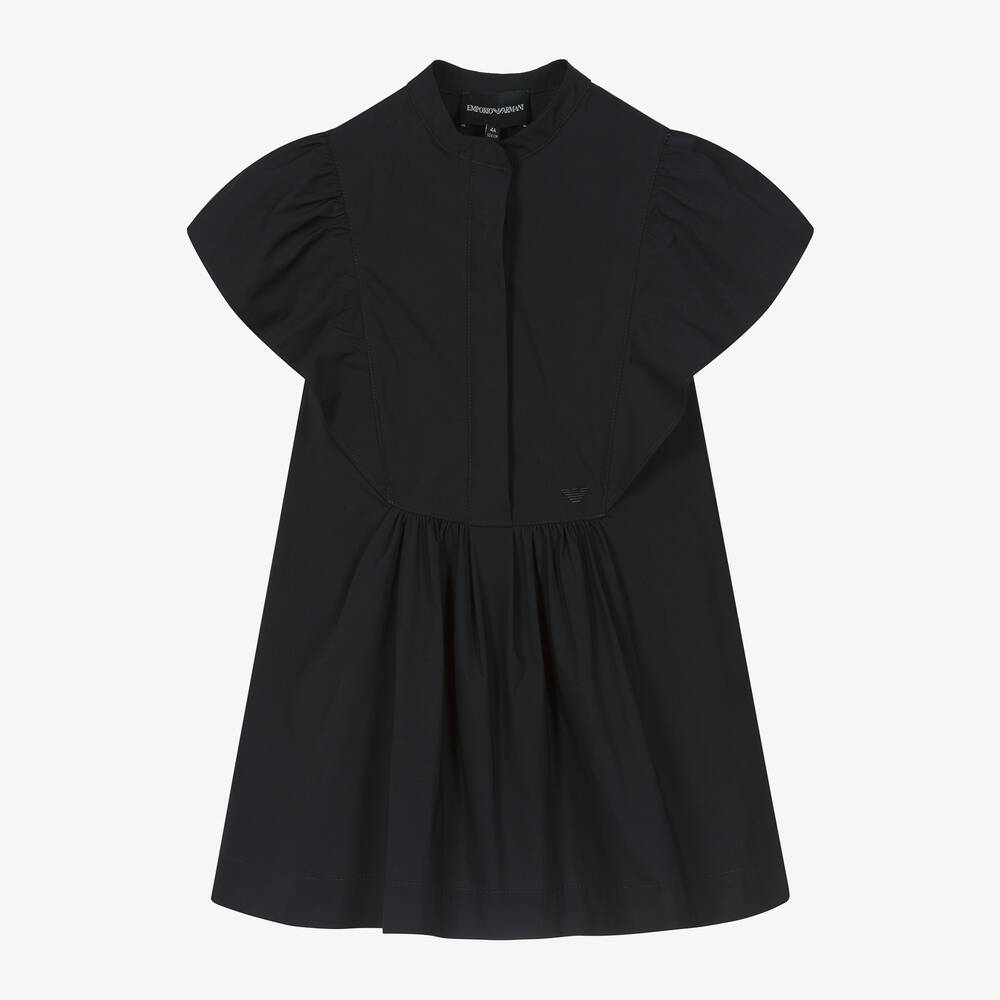 Emporio Armani - Girls Navy Blue Ruffle Cotton Dress | Childrensalon