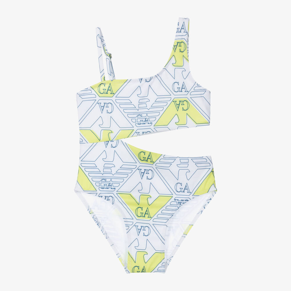 Emporio Armani - Girls White & Green Swimsuit | Childrensalon